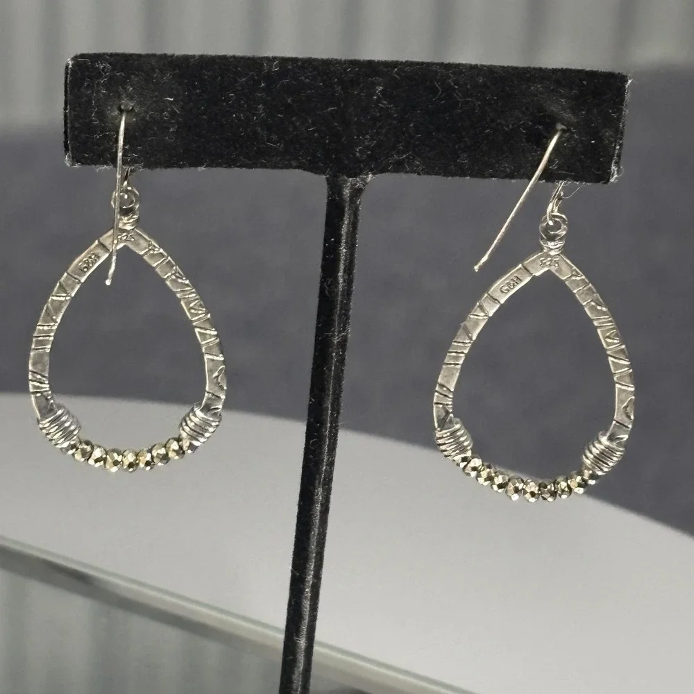 G&H‎ 925 Sterling Silver Teardrop Dangle Earrings Hammered Oxidized Beaded Hook